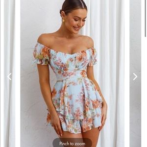 NWT- Selfie Leslie off-shoulder tie back floral romper